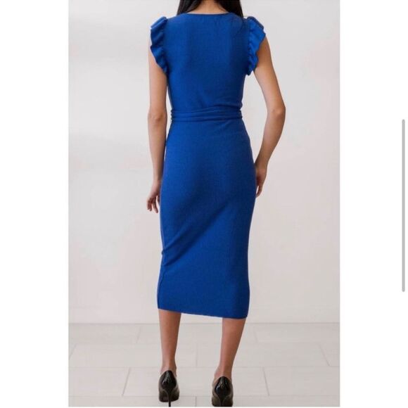 Nation LTD Oriana Ruffled Sash Dress Ribbed Midi Dress Royal Blue Suede NWT - Picture 5 of 14